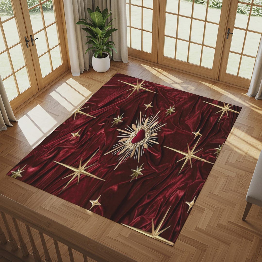 Scared Heart Rug Radiant Heart Sacred Heart Rug With Celestial Stars, Deep Red Velvet ...