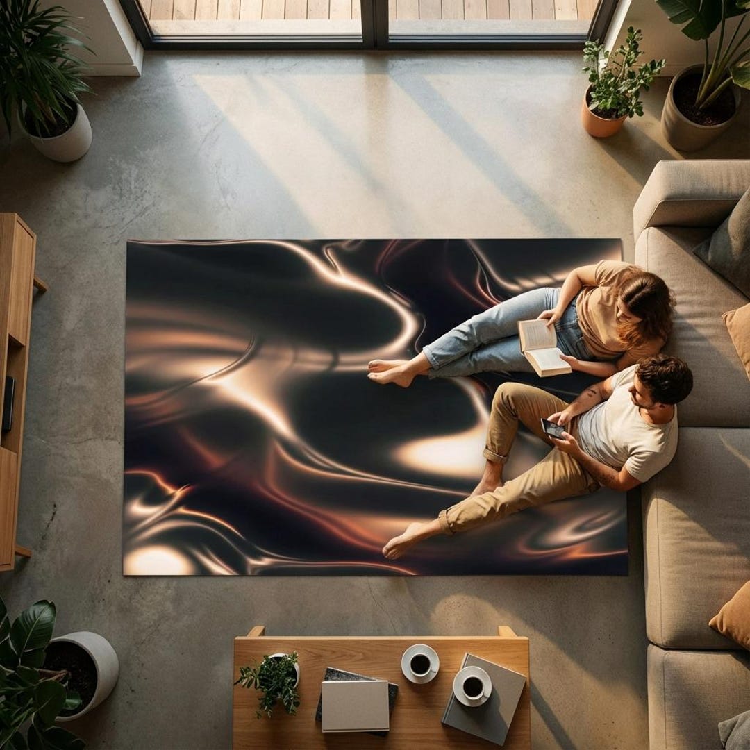 Abstract Fluid Art Rug With Metallic Molten Design, Modern Contemporary ...