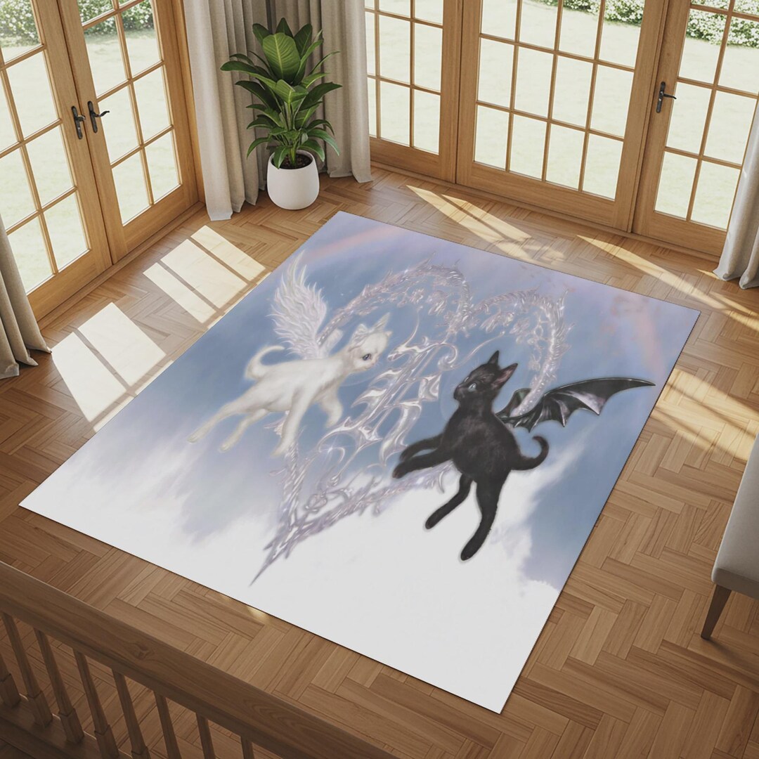 Celestial Whiskers Angel Demon Cat Rug | Washable Area Rug With Non ...