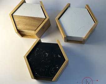Posavasos de Mármol Hexagonales Personalizados, Regalo de Inauguración Casa, Regalo de Boda, Decoración Mármol Blanco y Negro, Grabado Láser