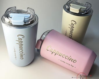 Taza de capuchino de acero inoxidable grabada a medida, disponible en 380 l y 480 ml, taza de viaje personalizada.