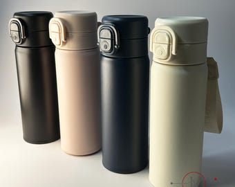 Botella de acero inoxidable personalizada grabada con láser, vaso de 500 ml con doble tapa, pajita y boquilla, taza de viaje ecológica personalizada con correa para la muñeca.