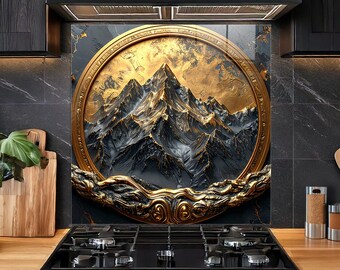 Golden Mountain Tempered Glass Kitchen Backsplash: Modern Stove Backsplash Panel