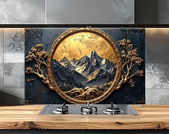 Golden Mountain & Tree Tempered Glass Kitchen Backsplash:  Modern Stove Backsplash Panel