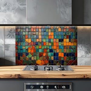 Multicolor Stones Tempered Glass Kitchen Backsplash: Mosaic Effect Backsplash Panel