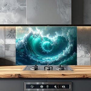 Light Blue Ocean Wave Tempered Glass Kitchen Backsplash: Modern Stove Backsplash Panel