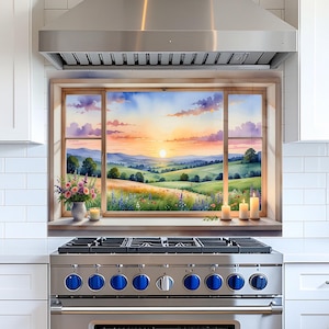 May include: A kitchen splashback with a watercolour painting of a sunset over rolling hills. The artwork is framed by a wooden window, with a vase of flowers and candles on the ledge. The kitchen has white cabinets and a stainless steel range.