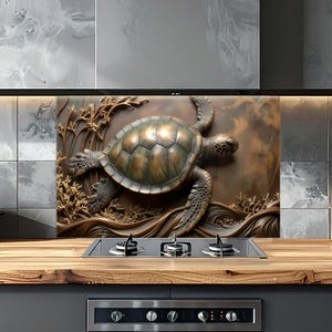 Sea Turtle Tempered Glass Kitchen Backsplash: Copper Effect Stove Backsplash Panel