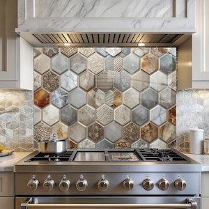 Gray&Beige Tones Hexagon Tempered Glass Kitchen Backsplash: Stone Effect Backsplash Panel