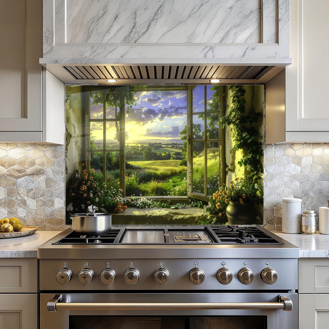 Green Countryside Window Themed Tempered Glass Kitchen Backsplash: Heat ...