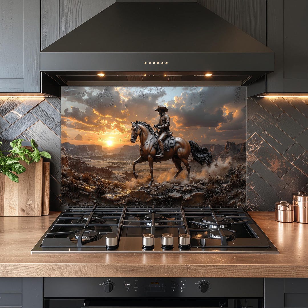 Panel Cowboy Western Cowboy Sunset Tempered Glass Kitchen Backsplash: Copper Effect ...