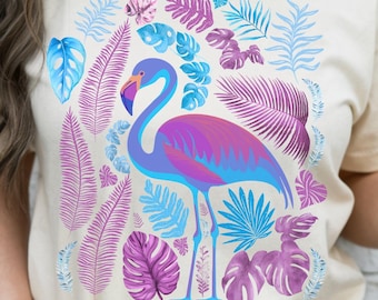 Purple and Blue Flamingo Shirt | Linocut Summer Print, Vintage Botanical Tee