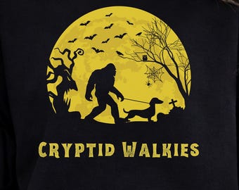 Bigfoot Dachshund Halloween Shirt| Cryptid Walkies Tee, Spooky Dog Lover Gift, Sasquatch Fall Shirt