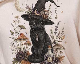 Black Cat Witch Halloween Shirt and Sweatshirt| Crescent Moon Mushroom T-shirt, Botanical Fall Esoteric Clothing