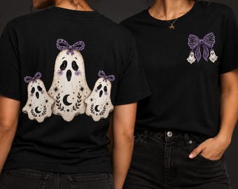 Crochet Ghost Bow Halloween Shirt | Folk Art Gouache Print Tee