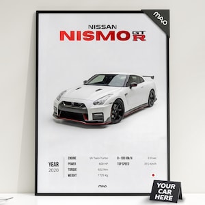 May include: White Nissan Nismo GT-R car poster with black frame. The poster includes the car's specifications: engine, power, torque, weight, 0-100 km/h, and top speed. The text "YOUR CAR HERE" is also visible.