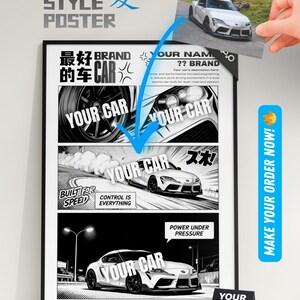 May include: Anime style poster featuring a white sports car in a comic book style. The poster includes Japanese text and phrases like "Built for Speed" and "Power Under Pressure". A small card says "Your Car Here".