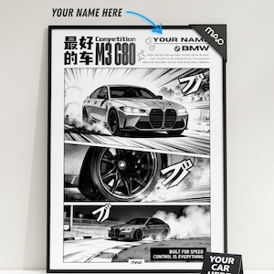 BMW M3 G80 Anime Wall Art Poster – Manga Style Car Print, Custom BMW Poster, JDM Comic Car Art, Gift for Car Enthusiast