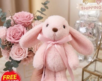 Handcrafted Pink Plush Bunny Toy with Silk Ribbon – Soft Rabbit for Nursery Decor