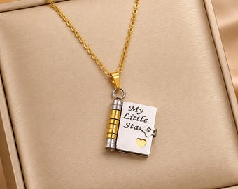 My Little Star Book Locket Necklace – Engraved Message Pendant, Stainless Steel, Daughter Gift
