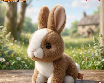 Brown White Bunny Plush Toy, Realistic Rabbit Doll, Spring Decor, Cottagecore Meadow Animal