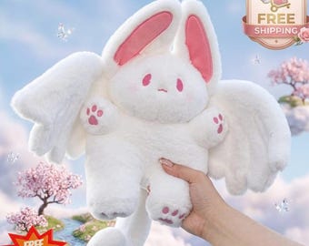 Mythical Winged Bunny Plush – Kawaii Angel Rabbit Stuffed Animal, Fantasy Creature (Pink or Green)