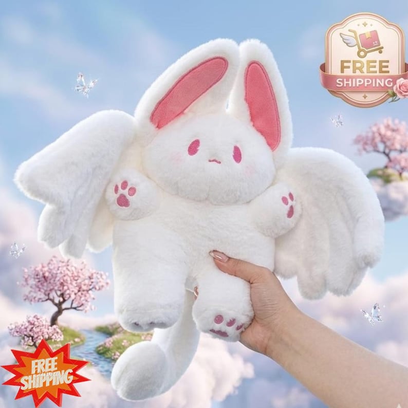 May include: A white plush bunny with pink accents on the ears and paws, and white wings. The bunny has a cute, cartoonish design. The image includes the text "FREE SHIPPING".
