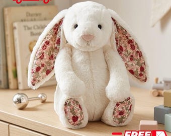 Floral Ear Plush Bunny Toy: Printed Footpad Soft Rabbit