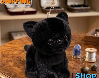 Black kitten, realistic faux fur plush toy