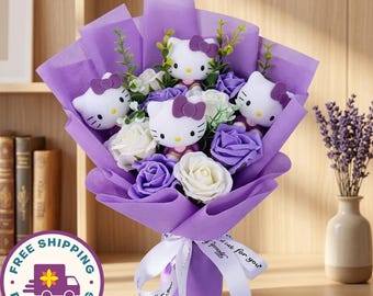Handmade Kitty Plushie Bouquet, Artificial Roses, Kawaii Gift for Her