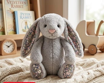 Jellycat Grey Bunny Plush Toy, Floral Ears, Soft Stuffed Animal, Cottagecore Decor