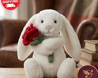 Jellycat Cream Bunny Plush with Red Rose – Soft Stuffed Rabbit, Baby Nursery Decor