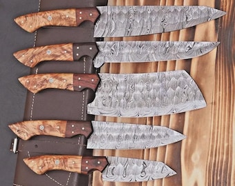 Handgefertigtes Damast-Stahl Kochmesser-Set mit Lederrolle | Küchen & Grillmesser