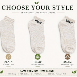 May include: Three beige ankle socks with a speckled texture. The first is plain, the second features the text HEMP, and the third features the text ROAM. Text includes CHOOSE YOUR STYLE, Three Styles. One Natural Choice., and material details: 80% Hemp, 10% Cotton, 10% Elastic, 200 GSM Premium Knit.