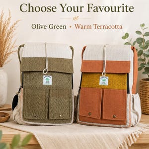 May include: Two backpacks with flap closures, one in olive green and one in warm terracotta. Both feature a white top section, two front pockets with snap buttons, and a central label reading Himalayan Hemp Made in Nepal. Text reads Choose Your Favourite.