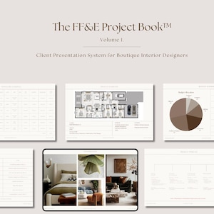 Op de afbeelding: Een presentatieboek getiteld "The FF&E Project Book™ Volume 1." De omslag is lichtbeige met de titel in een donkerbruin schreeflettertype. Het boek is een klantpresentatiesysteem voor boetiek interieurontwerpers. Er worden verschillende interieurontwerp projectlayouts weergegeven.