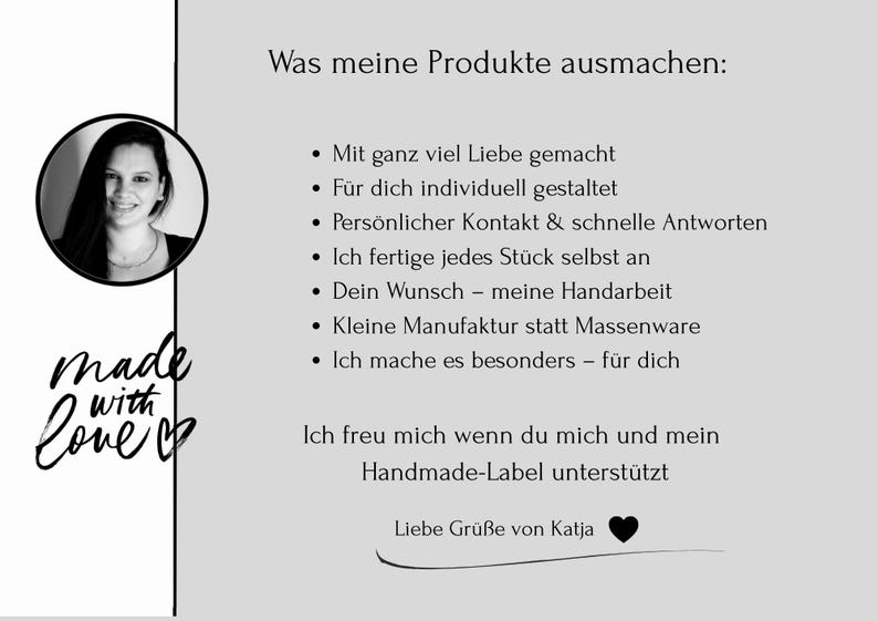Op de afbeelding: Een lichtgrijze informatieve afbeelding met een cirkelvormig zwart-witportret van een persoon aan de linkerkant. De tekst luidt Was meine Produkte ausmachen, gevolgd door een lijst met zeven punten en eindigt met Liebe Gr&uuml;&szlig;e von Katja.