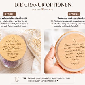 Op de afbeelding: Een glazen pot met een rond houten deksel voorzien van lasergegraveerde tekst en hartjes. De linker afbeelding toont de buitenkant van het deksel met de tekst P&Auml;DAGOGISCHE Notfallration, rechts de binnenkant met een langere boodschap.