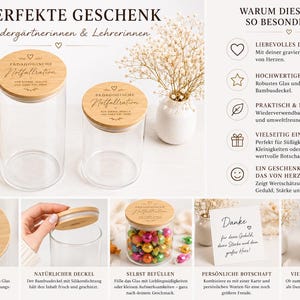 Op de afbeelding: Twee doorzichtige glazen potten met lichtgekleurde bamboe deksels, elk gegraveerd met de tekst 'P&auml;dagogische Notfallration'. De deksels zijn voorzien van een harticoon en decoratieve krullen. De potten worden leeg en gevuld met snoep getoond.