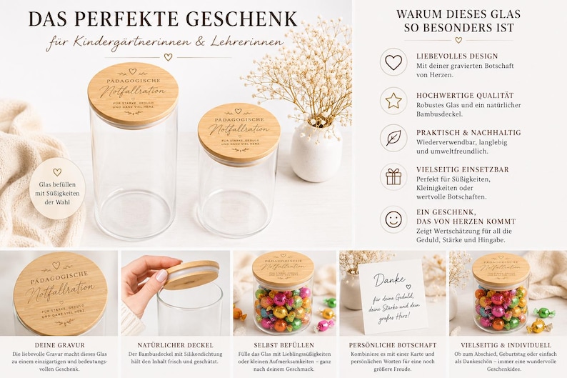Op de afbeelding: Twee doorzichtige glazen potten met lichtgekleurde bamboe deksels, elk gegraveerd met de tekst 'P&auml;dagogische Notfallration'. De deksels zijn voorzien van een harticoon en decoratieve krullen. De potten worden leeg en gevuld met snoep getoond.