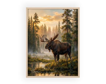 Moose Digital Wall Art, Rustic Lodge Woodland Wildlife Illustration, Forest Nature Printable Art
