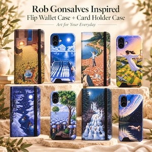 May include: A collection of flip wallet cases and card holder cases featuring surrealist art by Rob Gonsalves. Each case displays detailed, colorful imagery including landscapes, figures, and dreamlike scenes, secured with black elastic bands.