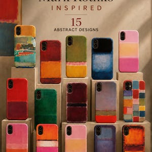 Peut inclure: Quinze coques de smartphone présentant des motifs abstraits inspirés de Mark Rothko avec des blocs de couleurs et des dégradés variés. Les coques sont exposées sur des blocs étagés avec le texte Mark Rothko INSPIRED 15 ABSTRACT DESIGNS.