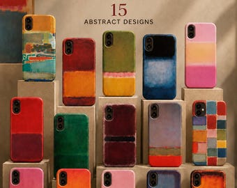 Könnte beinhalten: Fünfzehn Smartphone-Hüllen mit abstrakten Designs im Stil von Mark Rothko, die verschiedene Farbblöcke und Verläufe zeigen. Die Hüllen sind auf gestuften Blöcken präsentiert, mit dem Text Mark Rothko INSPIRED 15 ABSTRACT DESIGNS darüber.