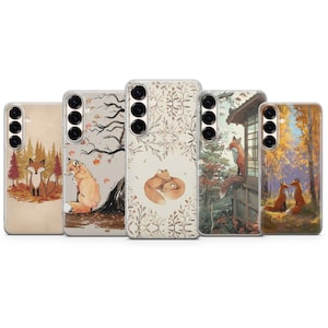 May include: Five phone cases with fox illustrations. The cases feature various scenes, including foxes in forests, near trees, and in autumnal settings. The color palette includes warm tones of orange, brown, and beige, with detailed artwork.
