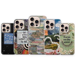 May include: Five phone cases with diverse designs. One has a starry night design with the text "Change is uncomfortable but necessary." Another features a collage with the text "Remember who you wanted to be." Other cases have inspirational quotes and nature-themed graphics.