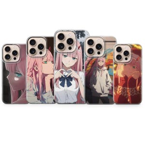 May include: A collection of five phone cases featuring anime-style illustrations of a character with pink hair and teal eyes. The cases showcase different poses and outfits, with varying background designs.
