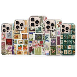 May include: Five phone cases displaying a collage of vintage postage stamps. The cases showcase a variety of colourful stamps with floral, fruit, and botanical themes. The cases are designed to fit various phone models.