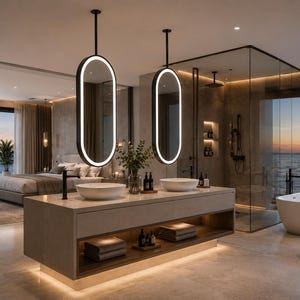 Svarta ovala takhängda dubbelsidiga glasspeglar med LED-ljus