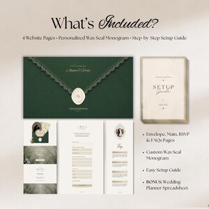 May include: A digital wedding website template set featuring a dark green envelope with a decorative lace trim and a wax seal monogram. The set includes four website pages, a setup guide, and a wedding planner spreadsheet with text labels.